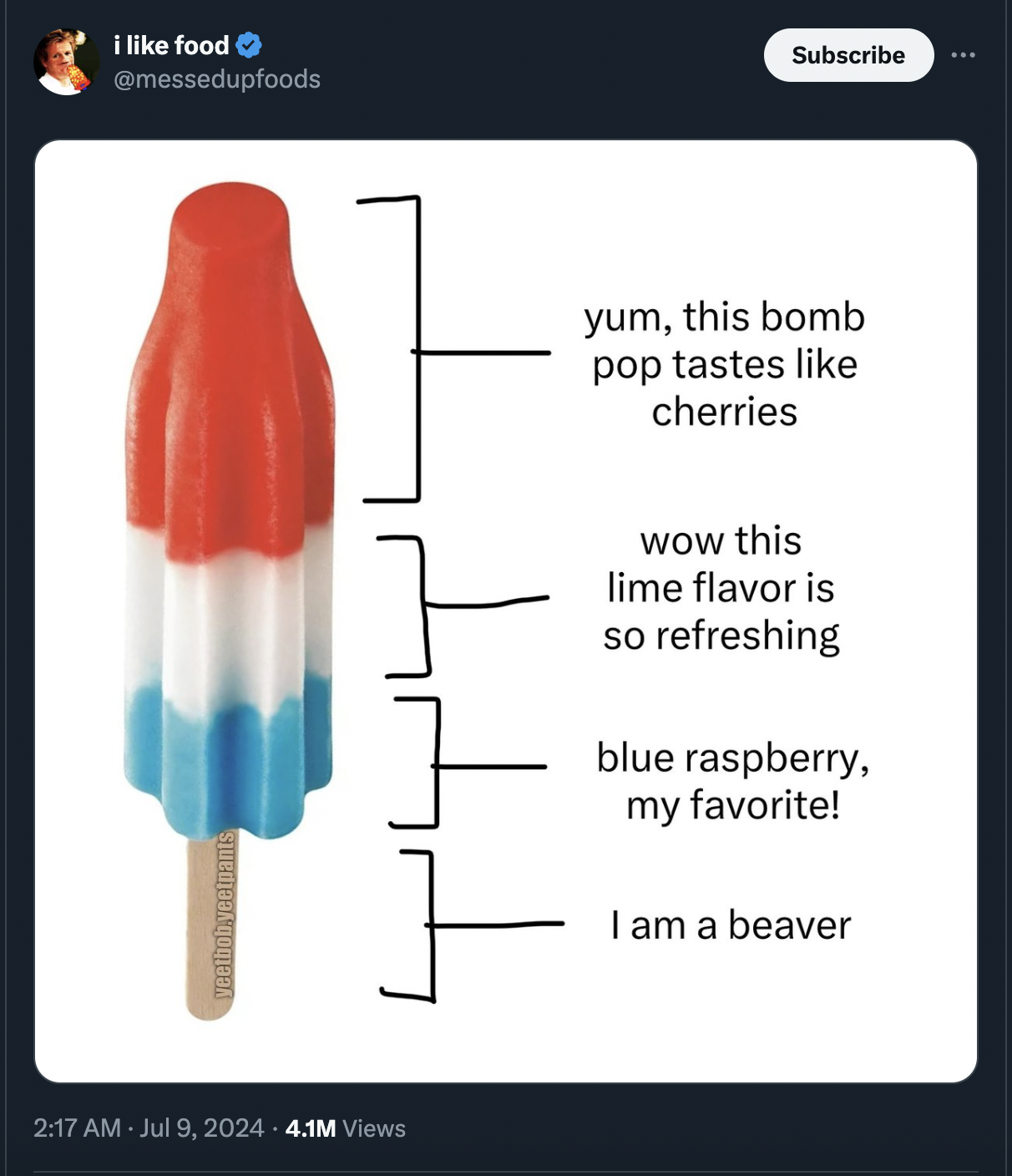 bullet - i food 4.1M Views Subscribe yum, this bomb pop tastes cherries wow this lime flavor is so refreshing blue raspberry, my favorite! I am a beaver